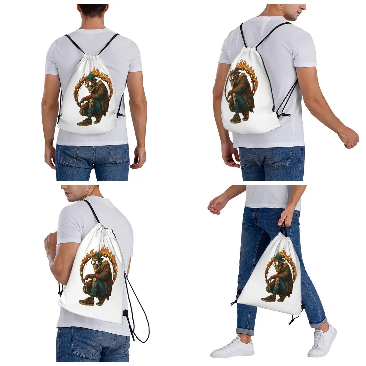 Flaming Chain Skull Design Backpacks Portable Drawstring Bags Sports Bag Book Bags for Travel School