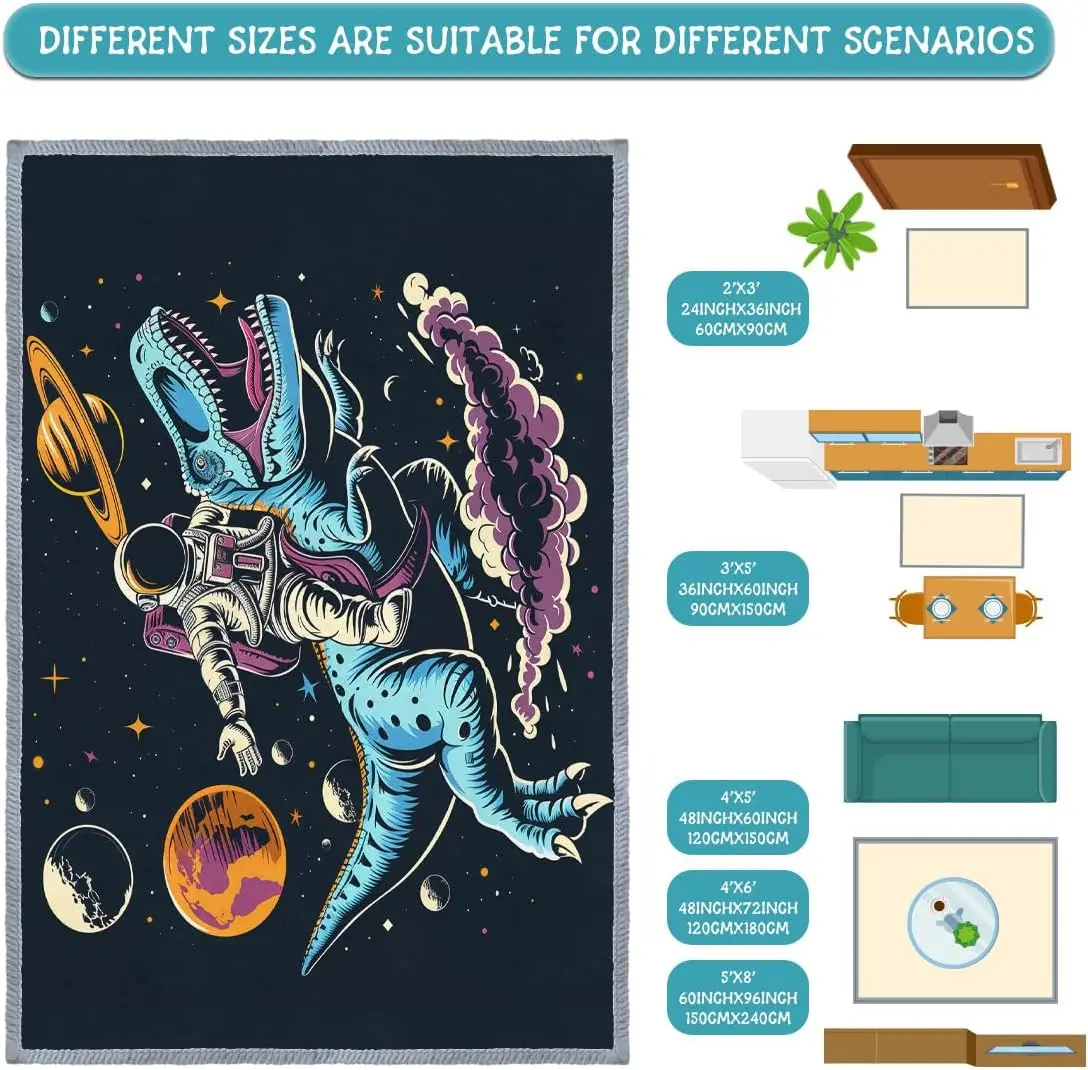 Planet Dinosaur Area Rug Washable Bedroom Rug, Soft Non Slip Non-Shedding Cartoon Spaceman Funny Astronaut Kitchen Mat Indoor