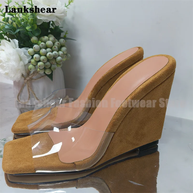 

Clear Pvc Wedge Heel Slippers Women Shoes Summer Transparent Pvc Sexy Square Toe Mules New Style Sandalias De Mujer Verano