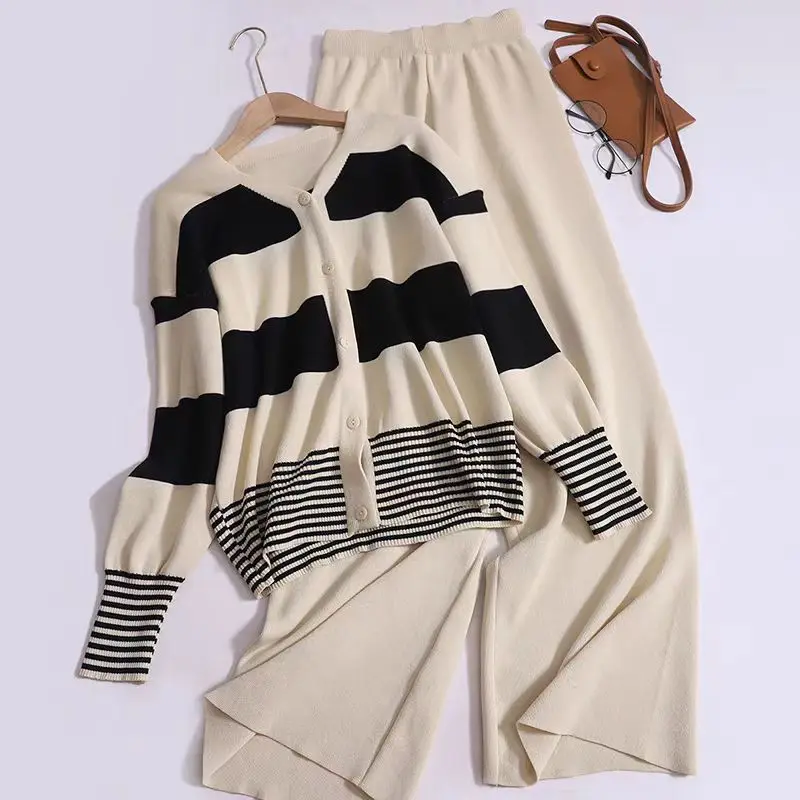 Winter New In Matching Set Elegant Women\'s Set Casual Stripe Sweater Cardigans Women\'s Long Sleeve Top Wide Leg Pants Knitwear