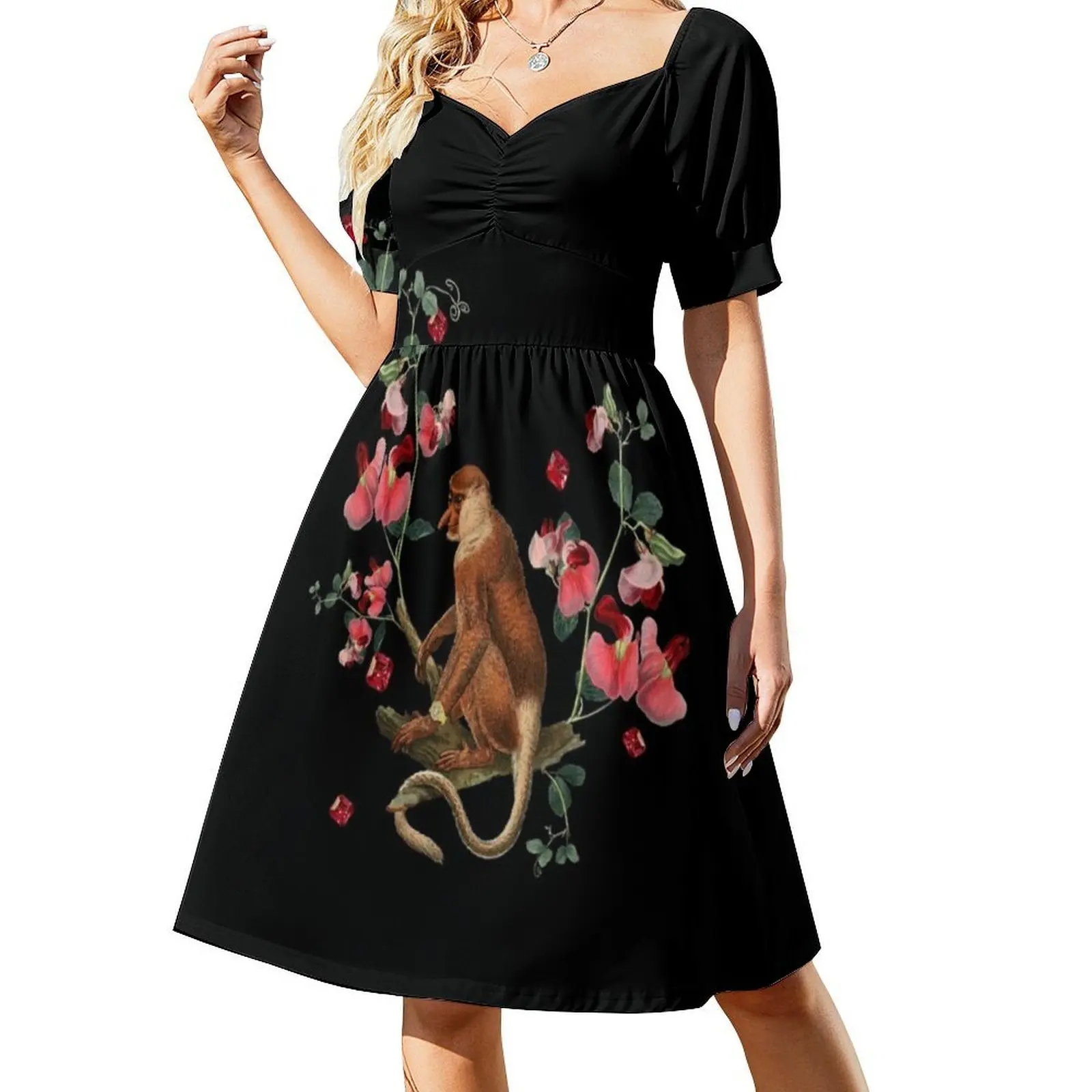 Monkey World: فستان قصير من Nosy Preppy Style للنساء على شكل حرف a فضفاض مناسب فستان يوم غير رسمي قرد وردي زهرة نباتية طبيعة زهور #2