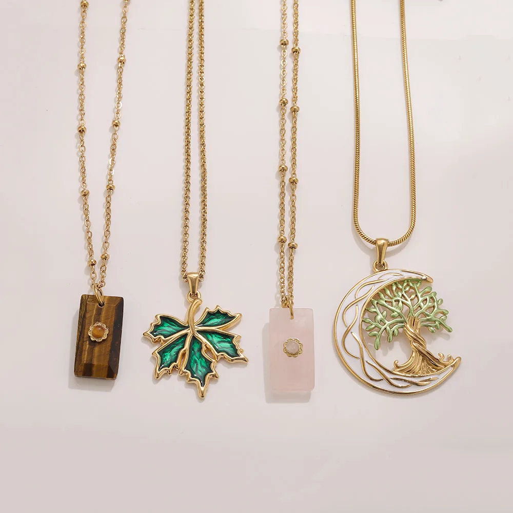 Natural Stone Square Pendant Necklace Vintage Enamel Leaf Tree Charms Stainless Steel Bail Necklace Elegant Jewelry for Women