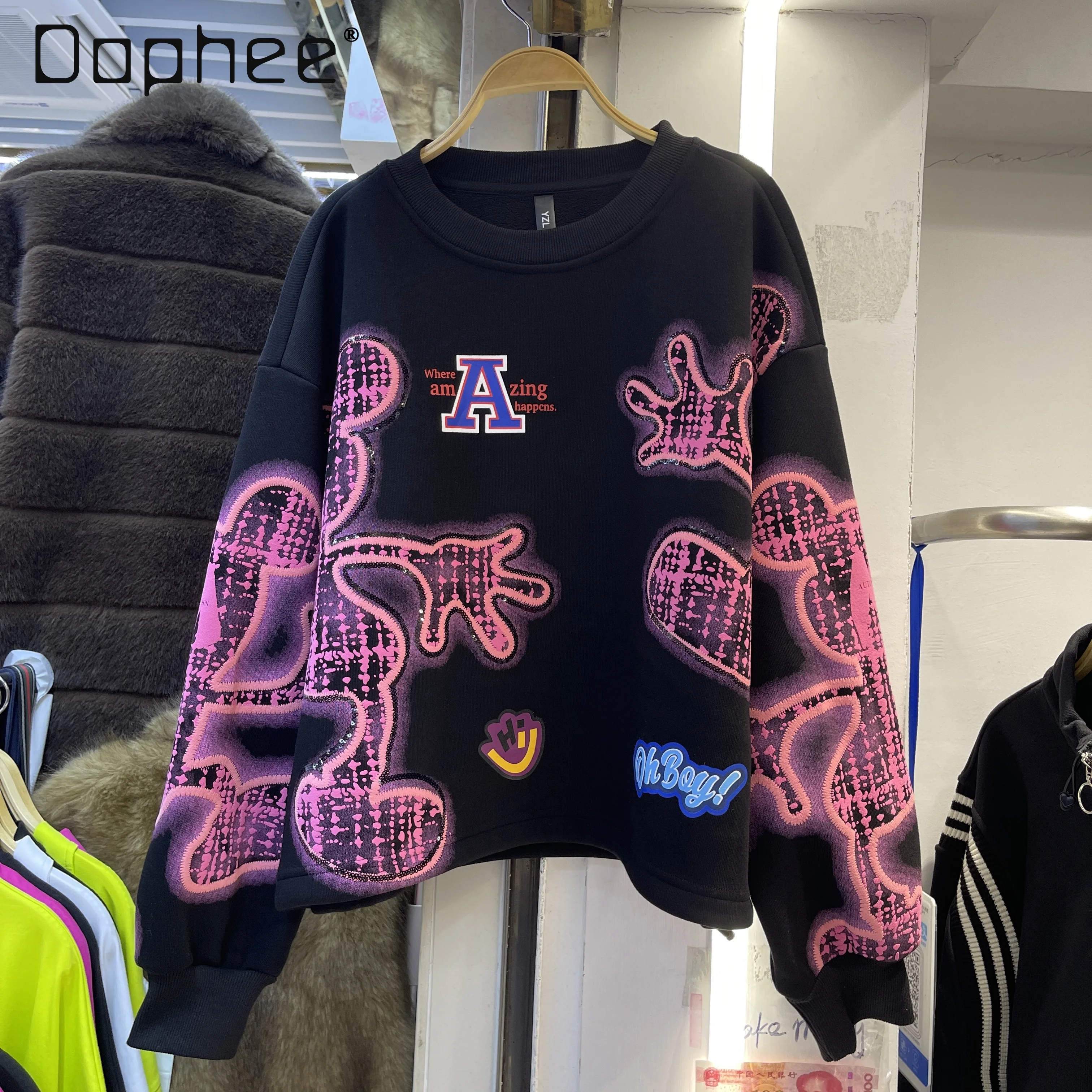 بلوزات الشارع الشهير 2025 خريف شتاء جديد عصري ماركة مطبوعة فضفاضة عادية طاقم الرقبة طويلة الأكمام البلوز للنساء #1