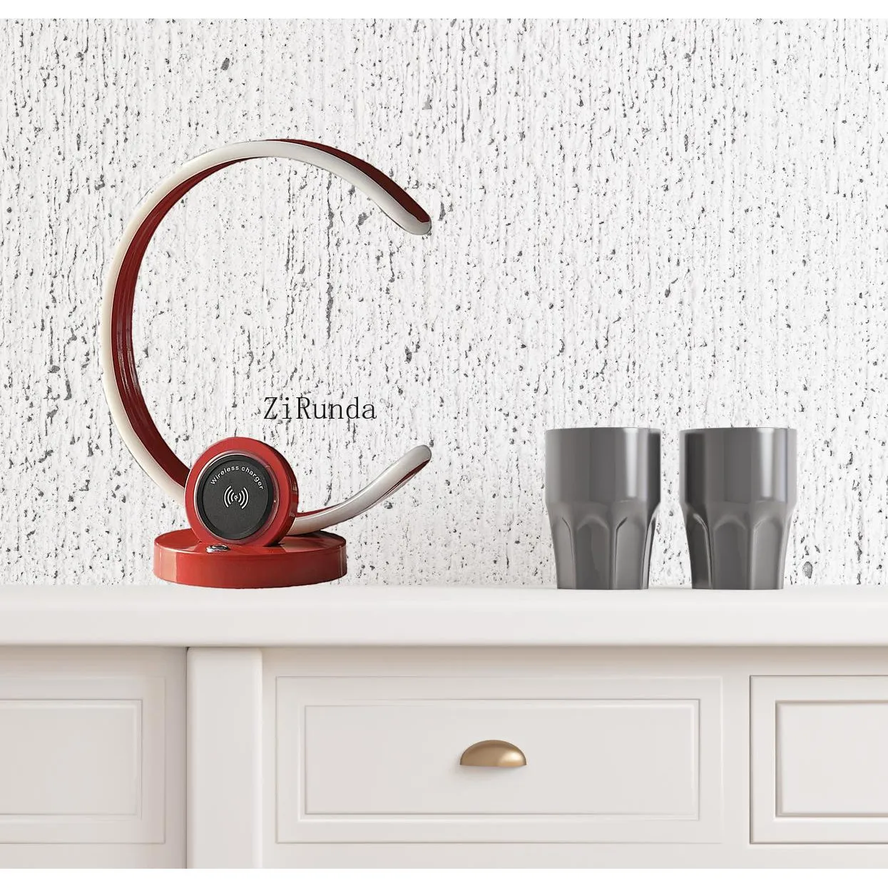 **مصباح طاولة صمام ثنائي باعث للضوء على شكل C مقاس 13 بوصة من الألومنيوم الأحمر/جسم من الخيزران USB مصباح طاولة لغرفة القراءة الحديثة