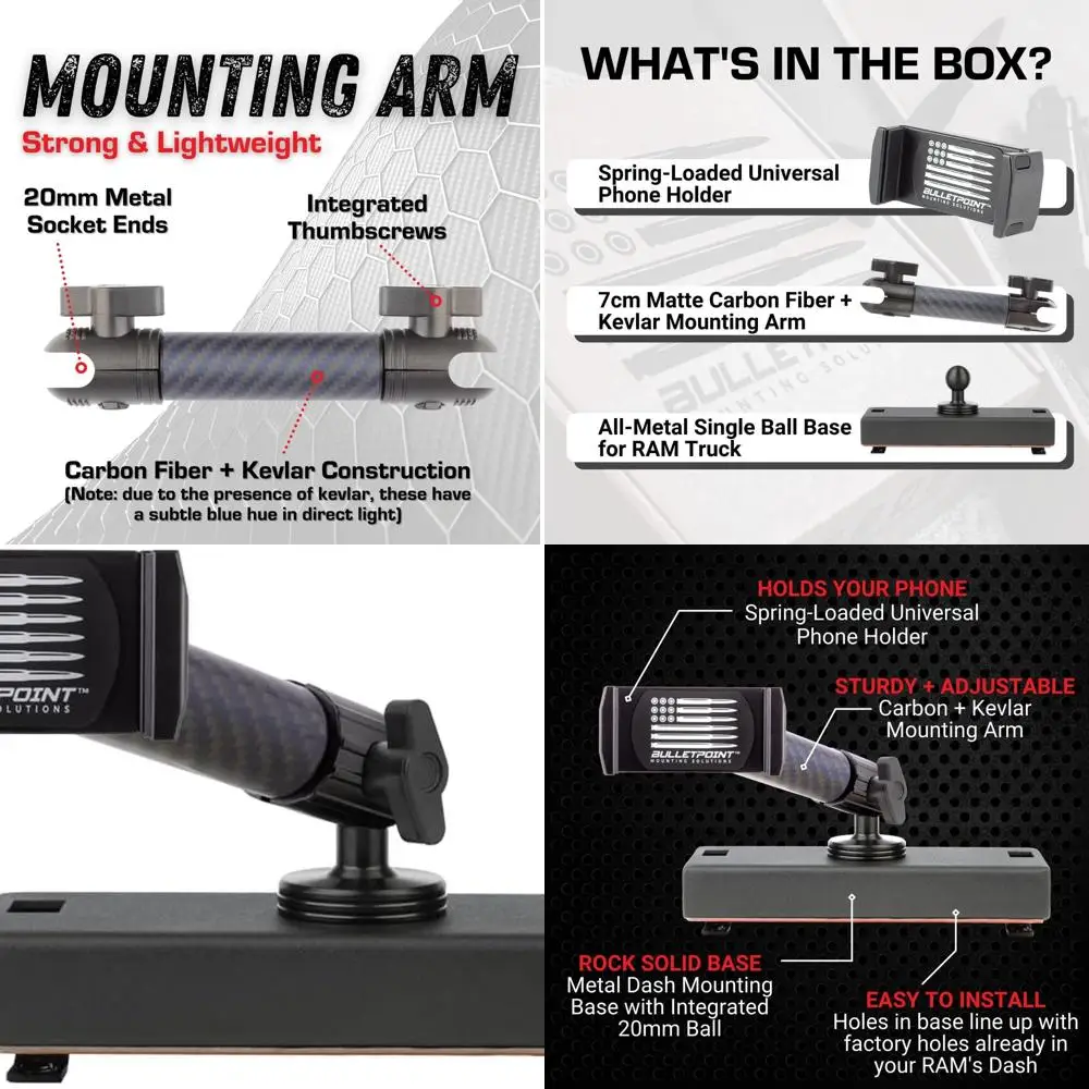 

Держатель сотового телефона на приборной панели для грузовика RAM Truck (2019+ 1500, 2500, 3500 и TRX) с одним шаровым креплением диаметром 20 мм — совместим с iPhone и A