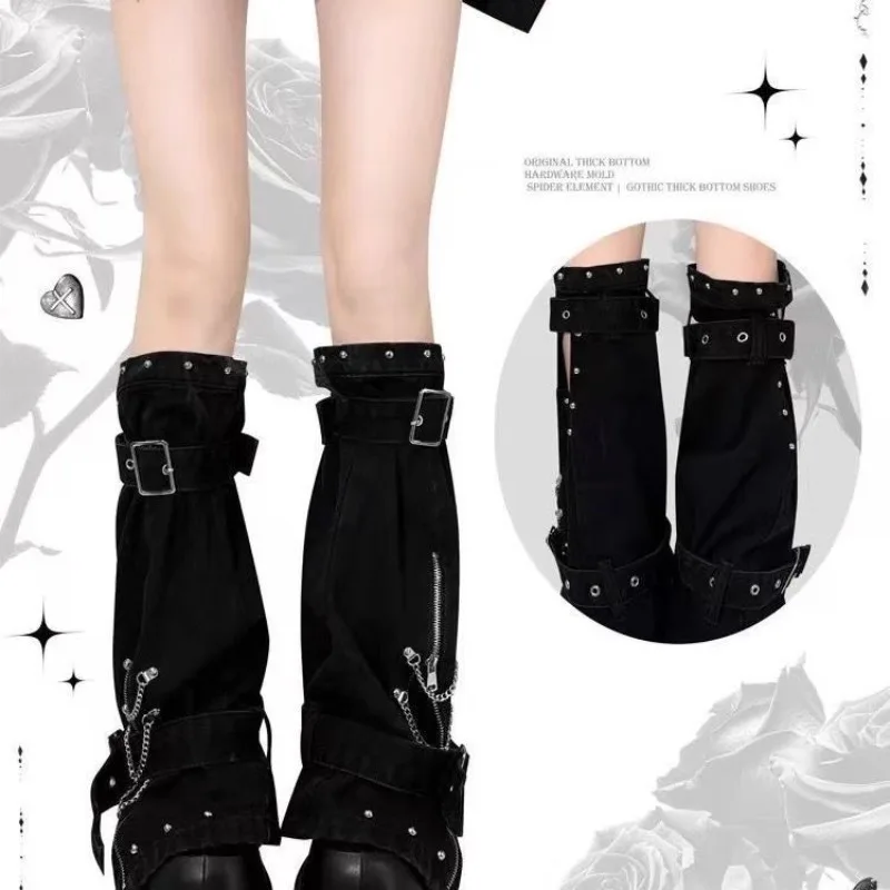 Dark Y2k Unique Design Chain Tooling Thin Stack Leg Cover Black Japanese Subculture Soft Girl Style Socks Leg Warmers For Women