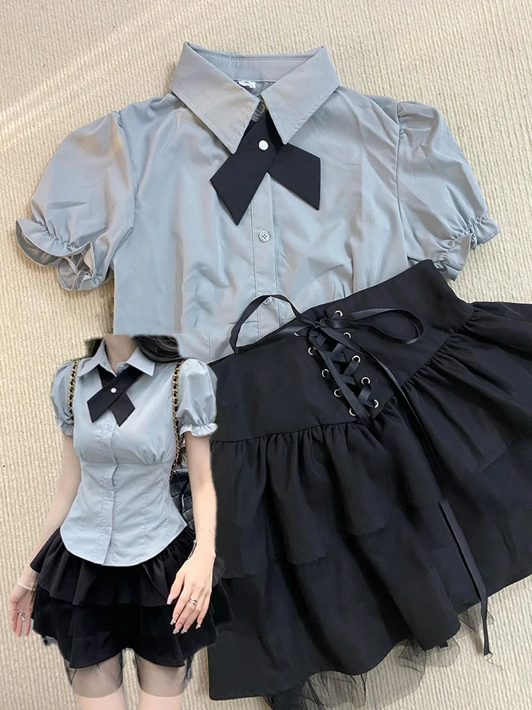 Japanese Style 2 Piece Sets Women's Outfits Cute Short Sleeve Ruffles Sailor Collar Slim Waist Bowknot Shirts and Skirt Student