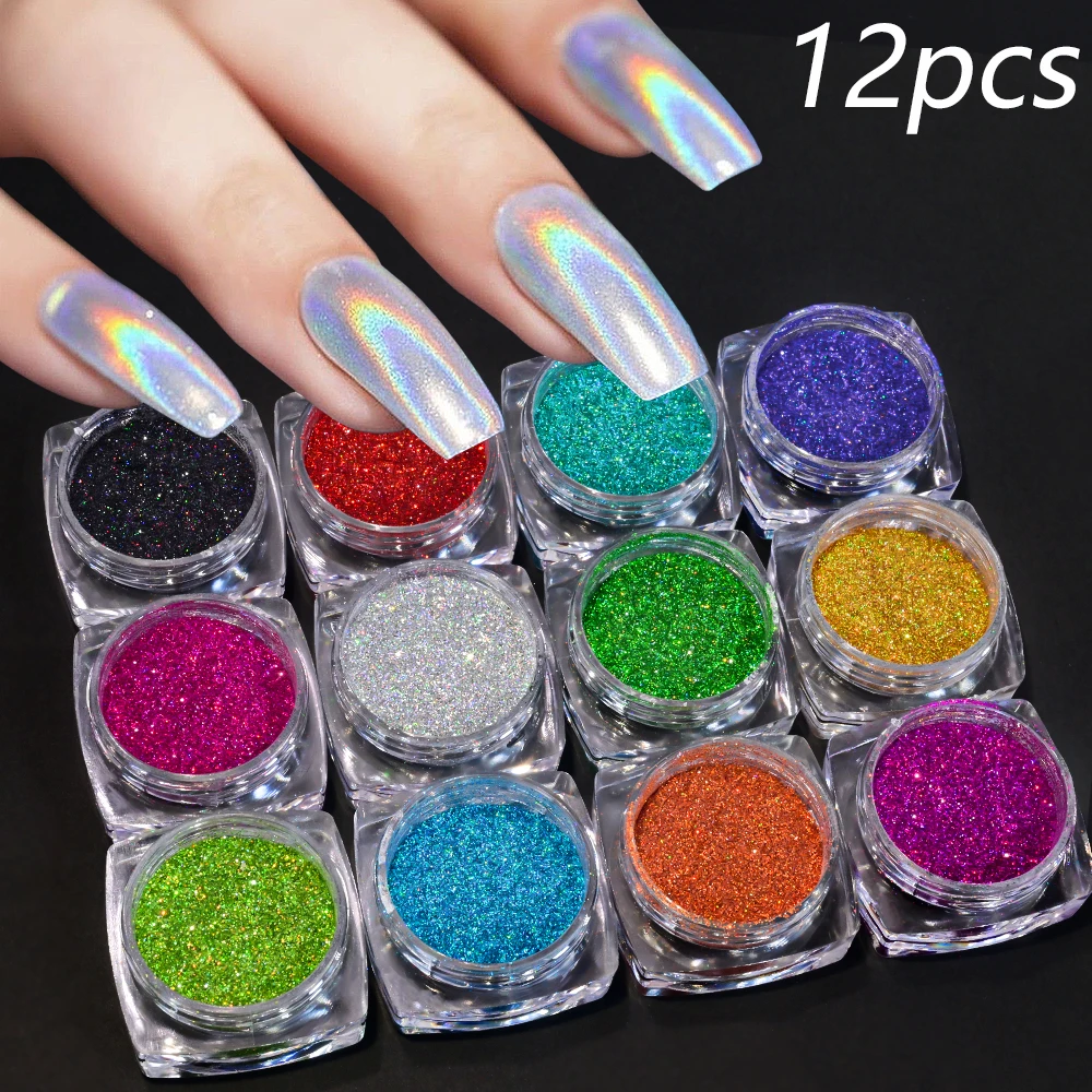 12 potten/set holografisch glitter nagel fijn poeder 0,05 mm super glanzende eenhoorn regenboog laserpoeder DIY spiegel manicure poeder *&