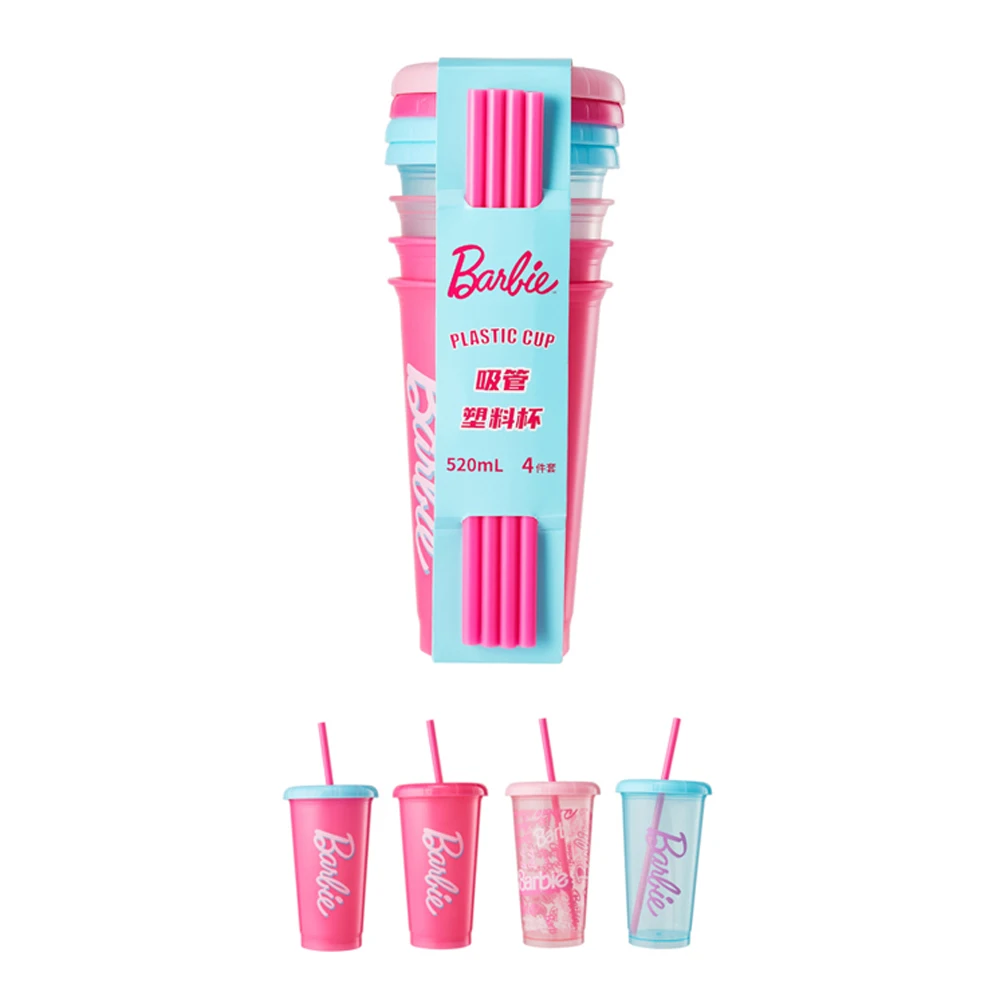 MINISO Barbie 65Th Anniversary Series Plastic Cup Large Capacity Water Cups Juice Coffee Plastic Straw Cup 4pcs 520ML Set