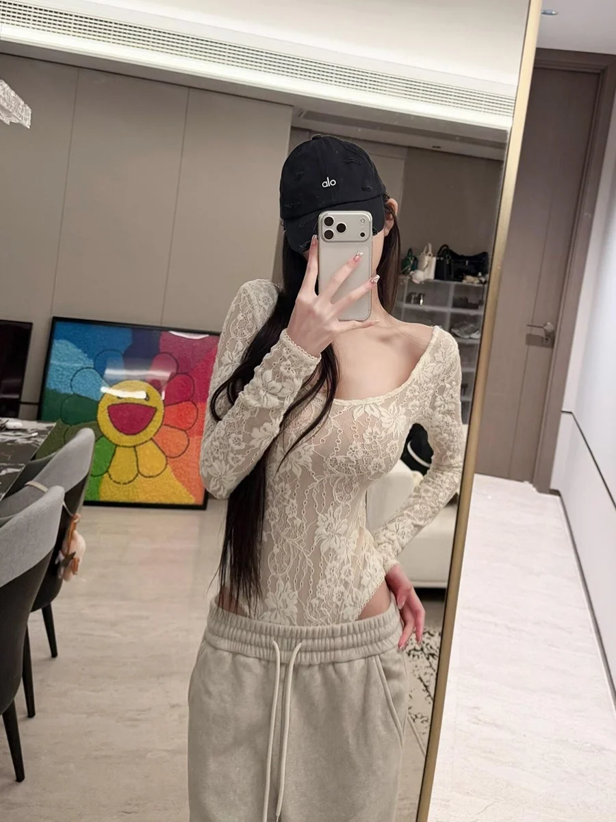 

Комплект из двух предметов: топ на кружевной основе и свободные брюки с широкими штанинами для женщин, осенне-зимний повседневный стиль, с высокой талией, для офиса