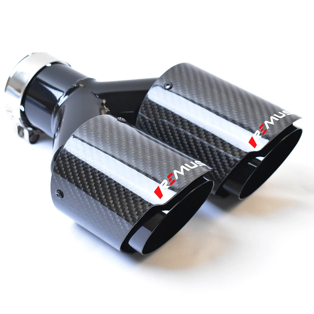 Glossy Black Universal Dual Straight Carbon Fiber Exhaust Tip Silver Steel Muffler Pipe With VREMUS for Car Customization