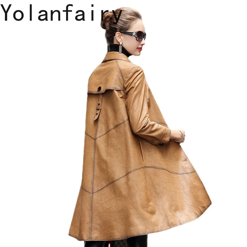 Veste longue en cuir véritable pour femme, manteau en peau de mouton 100% naturelle, coupe-vent vintage, printemps, automne, 619094, KJ5849