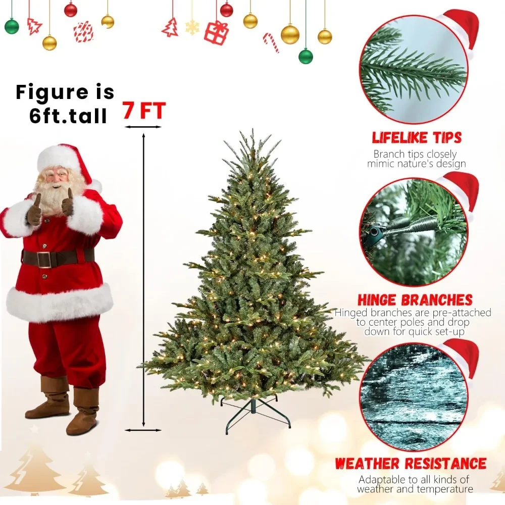 7FT Christmas Tree, Premium Douglas Fir Christmas Trees with 750 Lights & 2257 Branch Tips, Pre Lit Hinged Xmas Tree