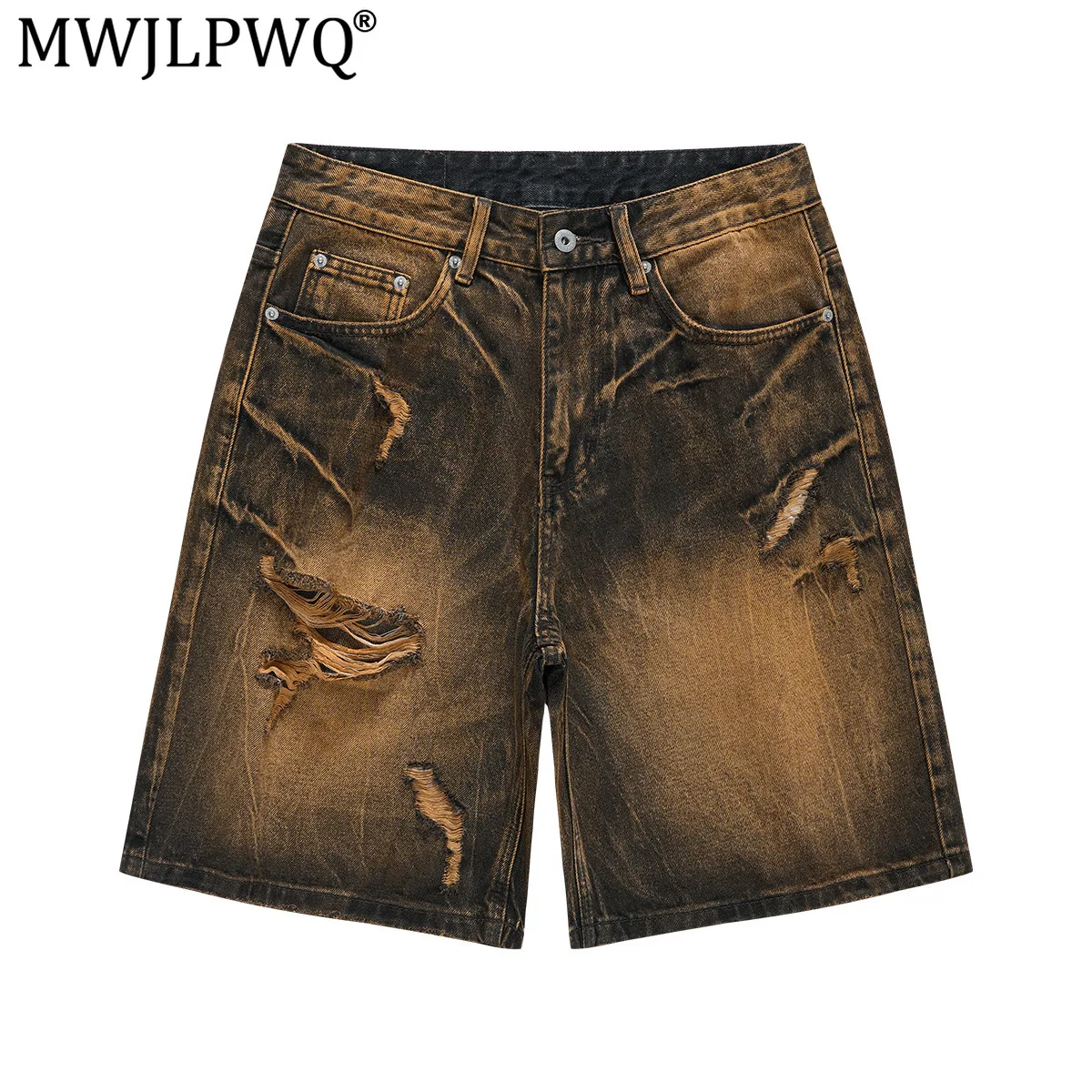 MWJLPWQ American-Style Yellow Mud-Dyed Distressed Denim Shorts Unisex Vintage Loose Male Straight Short Pants 2026 New 21469