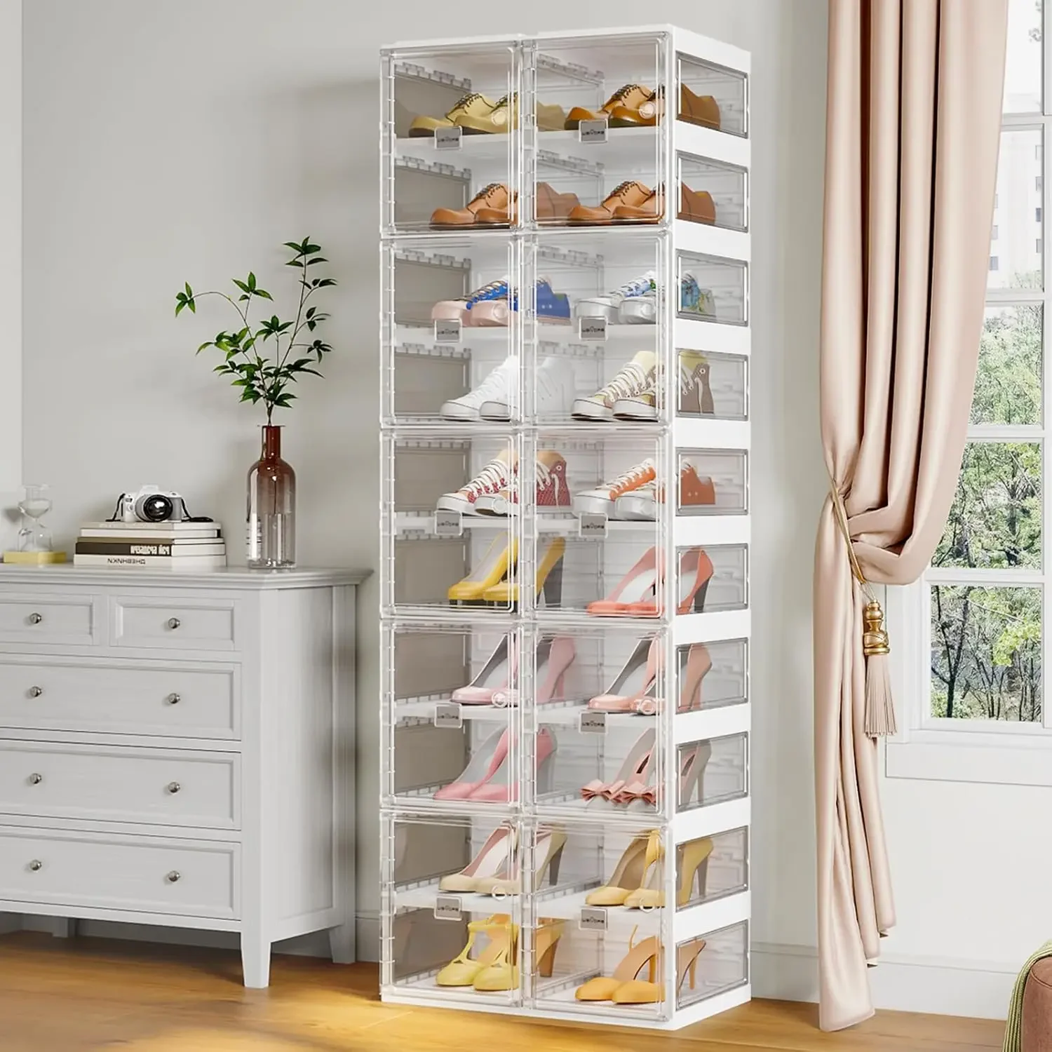 Foldable Shoe Storage Organizer Boxes 10 Tier 20 Pairs, Thicken Plastic Shoe Rack for Entryway Closet, Large Collapsible Stackab