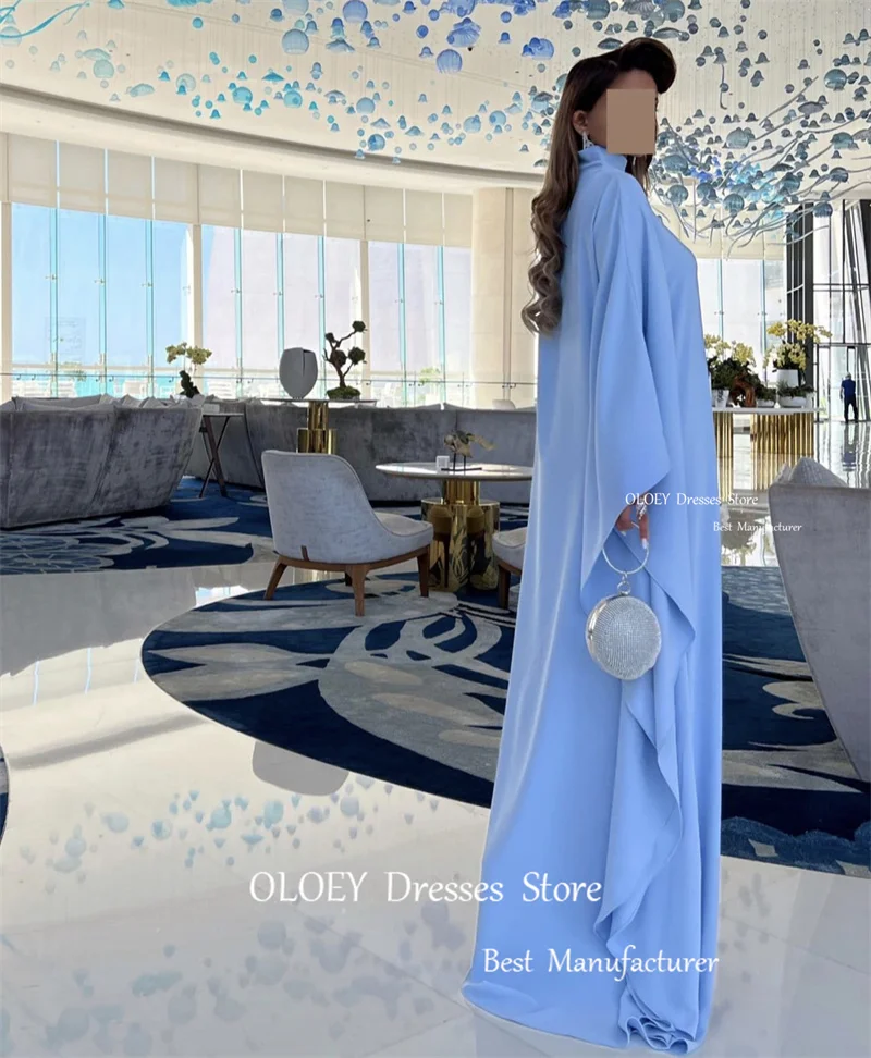 OLOEY-vestidos de noite femininos, azul-celeste, mangas compridas, vestidos de baile retos, vestido de festa formal simples, gola alta, árabe e saudita