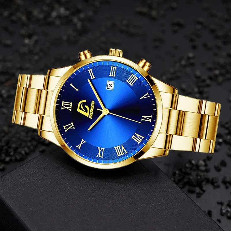 Fashion Mens Gold Stainless Steel Watches Luxury Minimalist Quartz Wrist Watch Men Business Casual Calendar Watch Reloj Hombre