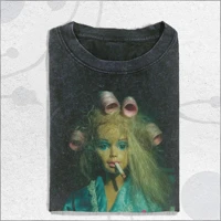 Camiseta retro lavada con estampado de muñeca rizada, camiseta con estampado de retrato de muñeca espeluznante, camiseta gráfica para parejas, primavera/verano
