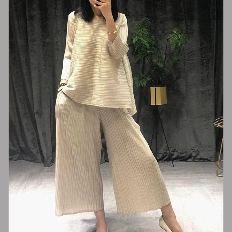 LANMREM 2024 new autumn 2 pieces set pleated O-neck three quarter sleeve pullover loose T-shirt female loose wide leg pants WG95