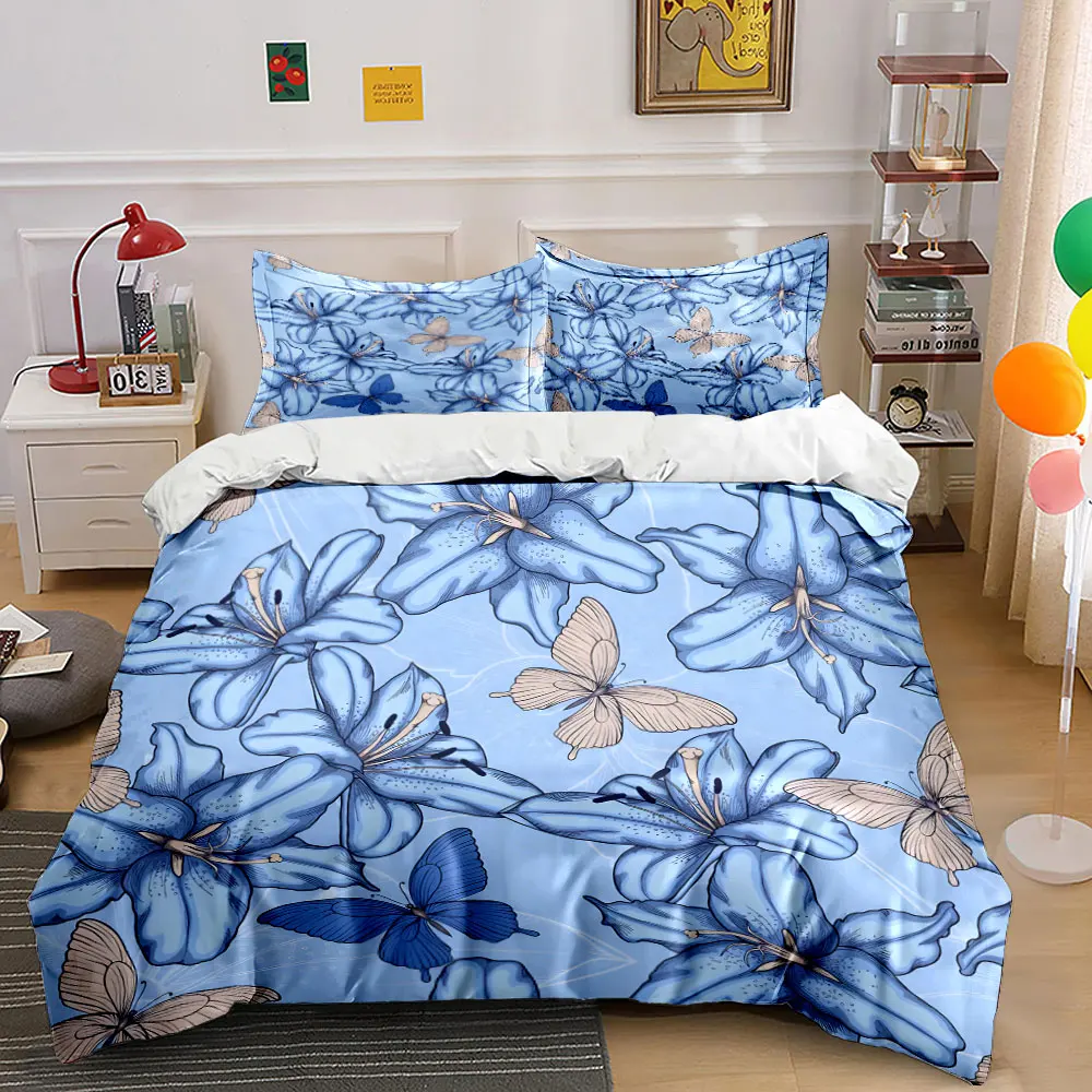 Blue lilies with butterfly Pattern Duvet Cover Set Digital Print Colorful Polyester Bedding with Zipper Closur for kids gifts