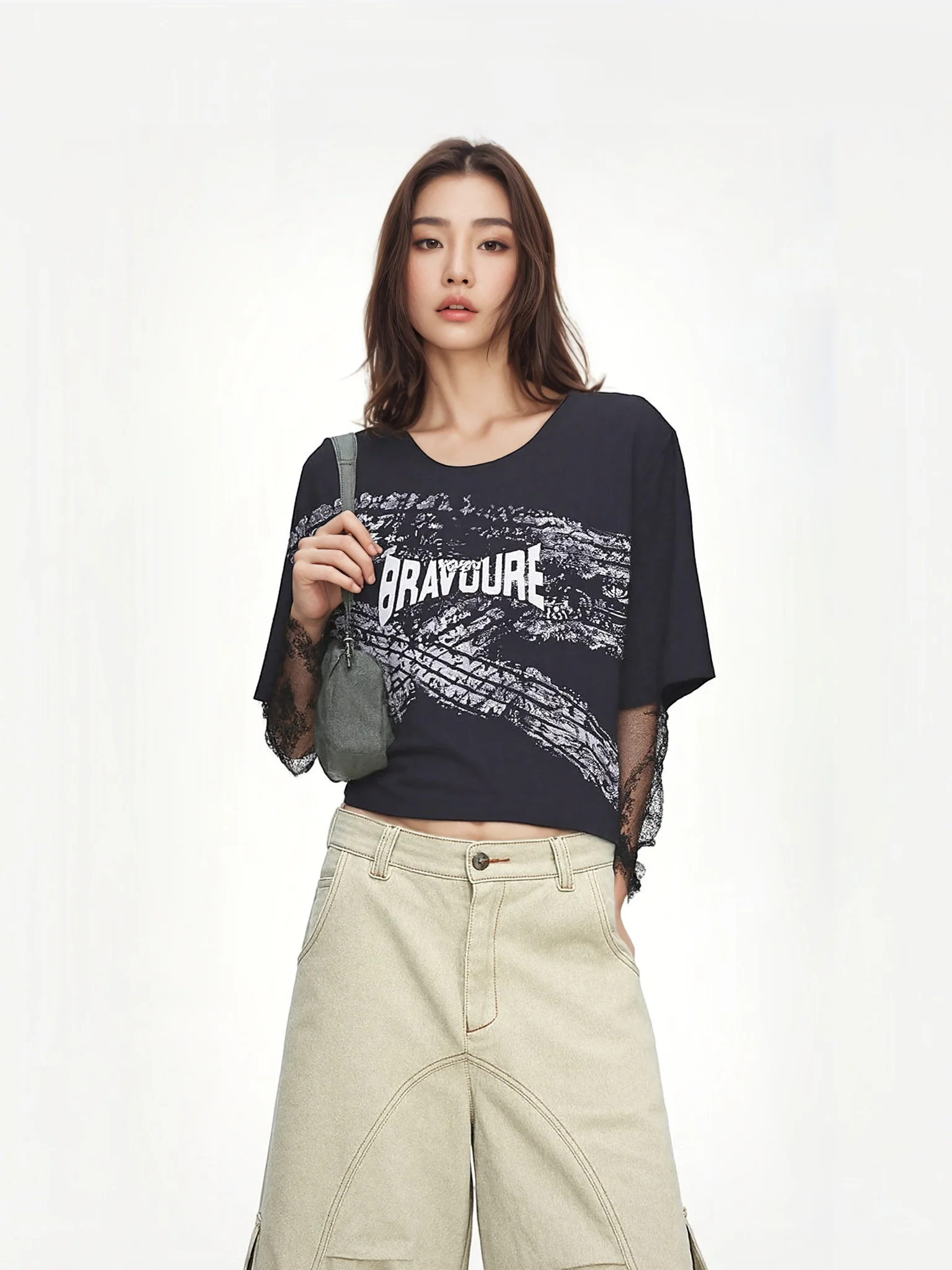 

Новая летняя футболка BW 2026 с кружевными вставками, женская винтажная черная футболка из смесового хлопка и полиэстера с круглым вырезом и коротким рукавом