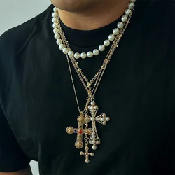 Zircon Cross Pendant Necklace for Women Fashion Elegant Imitation pearl Beaded Choker Necklace Y2K Neck Statement Jewelry Gifts