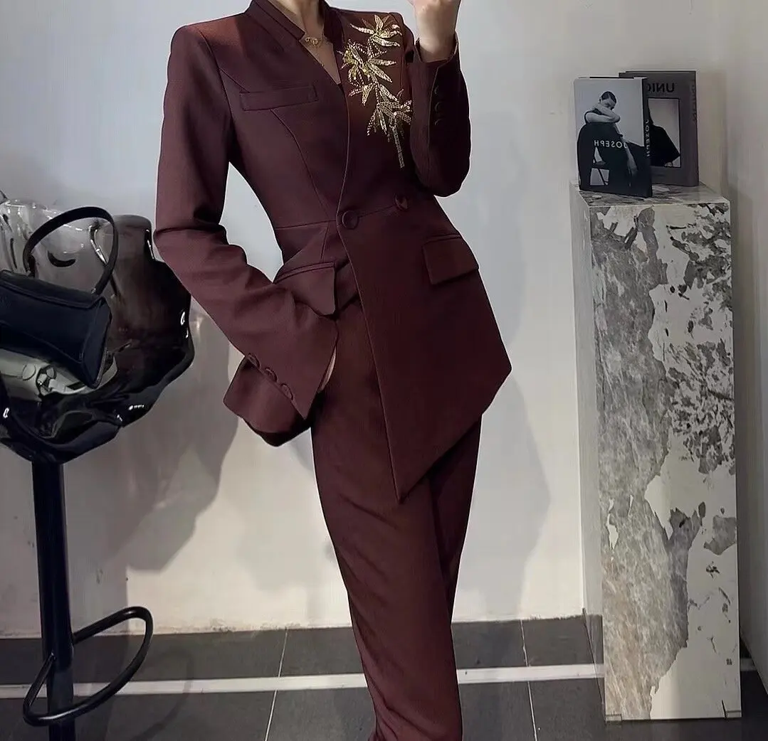 

2025 wine red Solid Color Notched Collar Long Sleeve Blazer High Waist Pants 2 Pcs Sets For Women 2025 Spring Office Lady suit