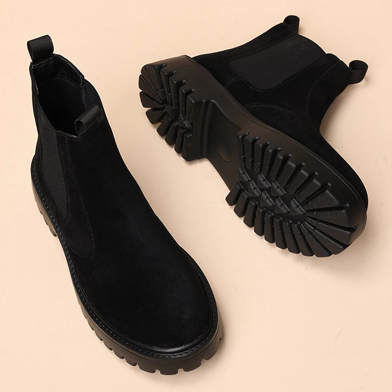 England style mens casual platform boots slip-on cow suede leather shoes cowboy ankle boot black trendy chelsea short botas mans