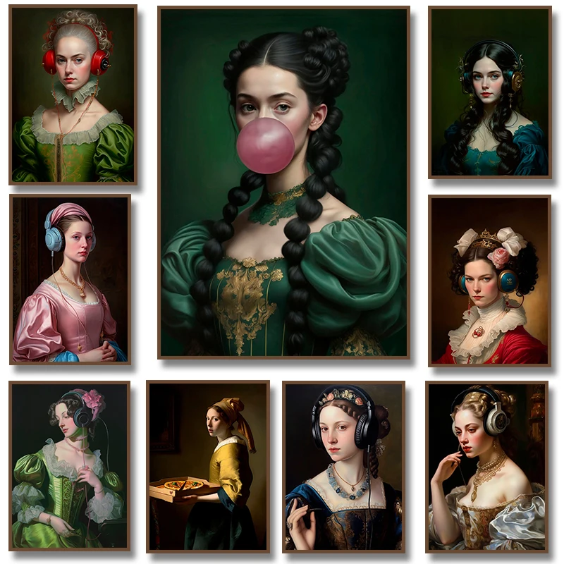 Renaissance The Musician with Headphones Bubblegum Poster Print  Altered Art Portrait Canvas Painting  Wall Art Room Home Decor