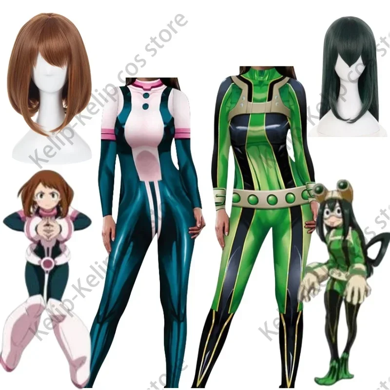 Anime My Hero Academia Ochaco Uraraka Asui Tsuyu Froppy Cosplay Costume Wig Tight Printing Jumpsuits Woman Sexy Carnival Suit