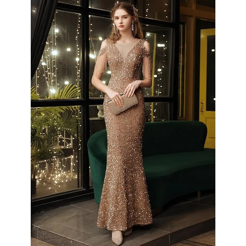Ele Long Tail Fi Gown Women's High-End Luxury Evening Dr Glowing Sequin Floor-Length Dr for Exhibitions And Parties
