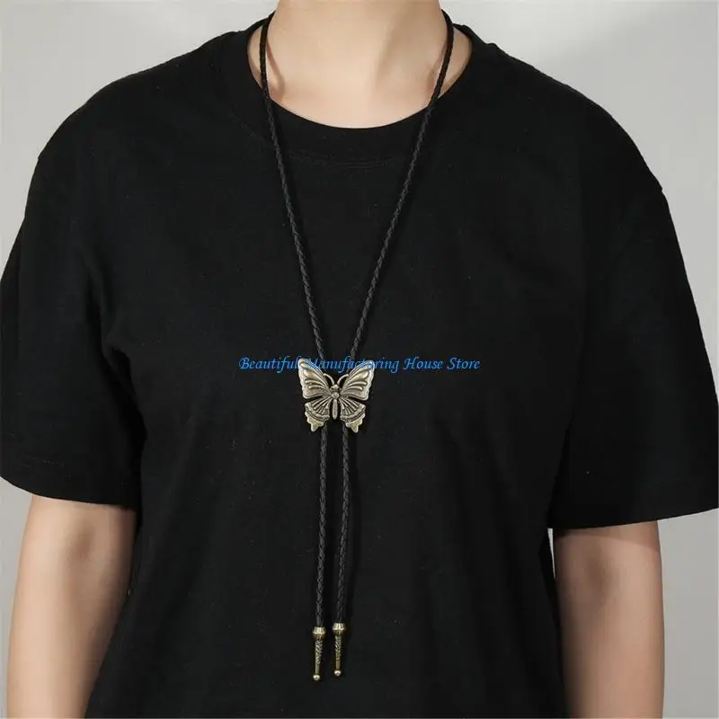 E56A Lightweight Cowboy Bolo Tie Necktie With Alloy Butterfly Pendant Leather Cord Necklace For Daily Wear and Rodeos Event