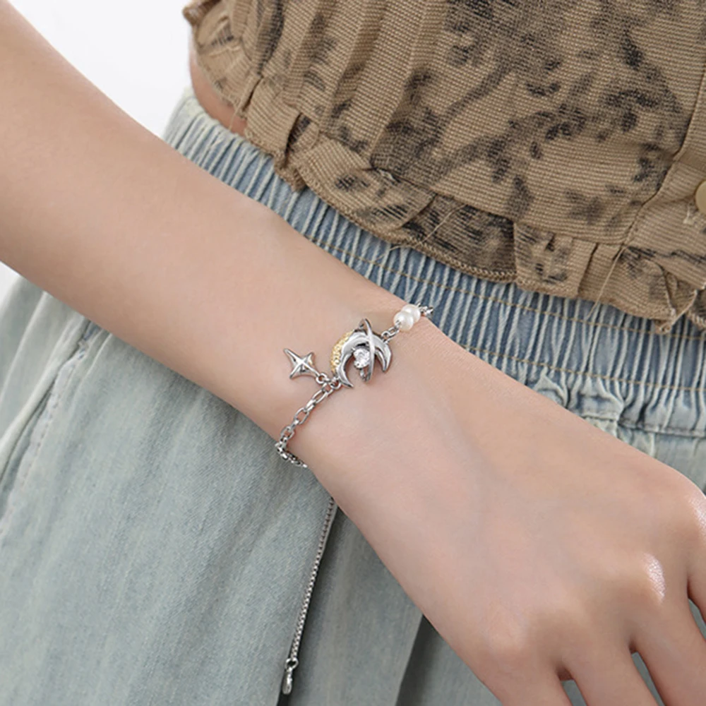 Eetit Trendy Moon North Star Drop Imitation Pearls Chain Bracelet Bangle Zinc Alloy Statement Jewelry Accessories 2024