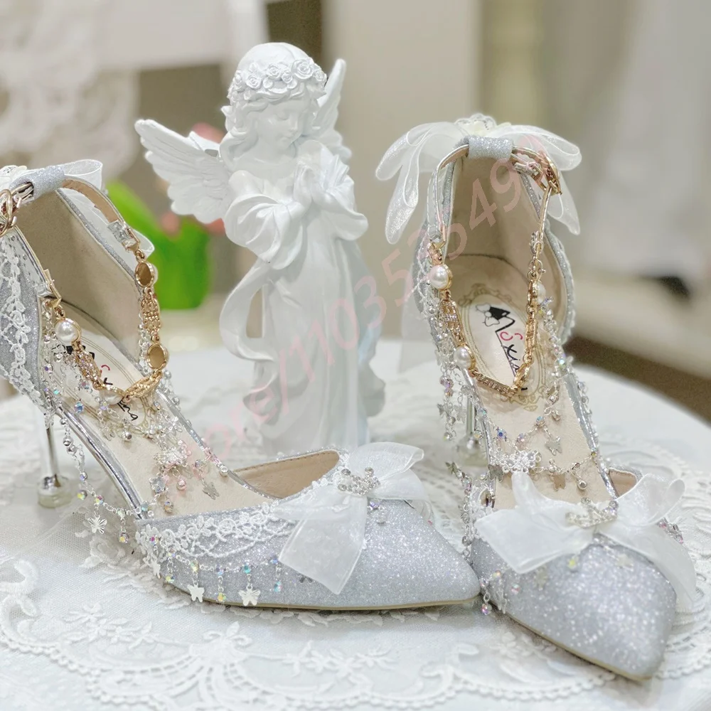 

Crystal Bling Bow Luxury Women's Wedding Shoes 2025 New Pointed Chain Elegant Gorgeous Buckle Stiletto Fashion Party Lolita Shoe