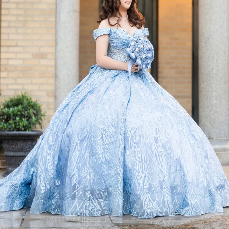 

Light Blue Shiny Ball Gown Quinceanera Dresses Sequin Applique Lace Beading Crystal Tull Corset Off Shoulder Sweet 16 Dress V