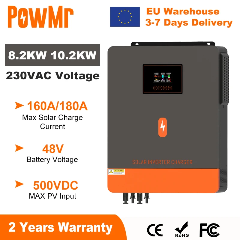 EU Stock PowMr 10KW Hybrid Solar Inverter 48V 230V On Grid Pure Sine Wave Inverter Dual Output MPPT 160A Solar Battery Charger