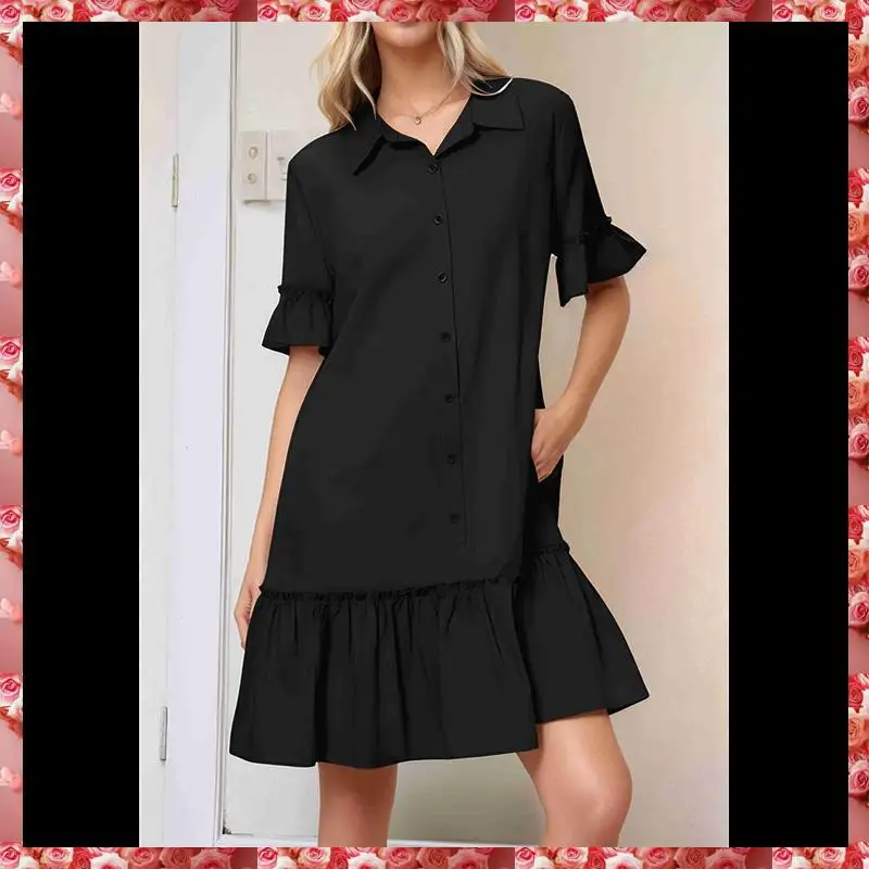 Women's Summer Button Down Shirt Dress Casual Ruffle Sleeve Shift Mini Dresses With Pockets