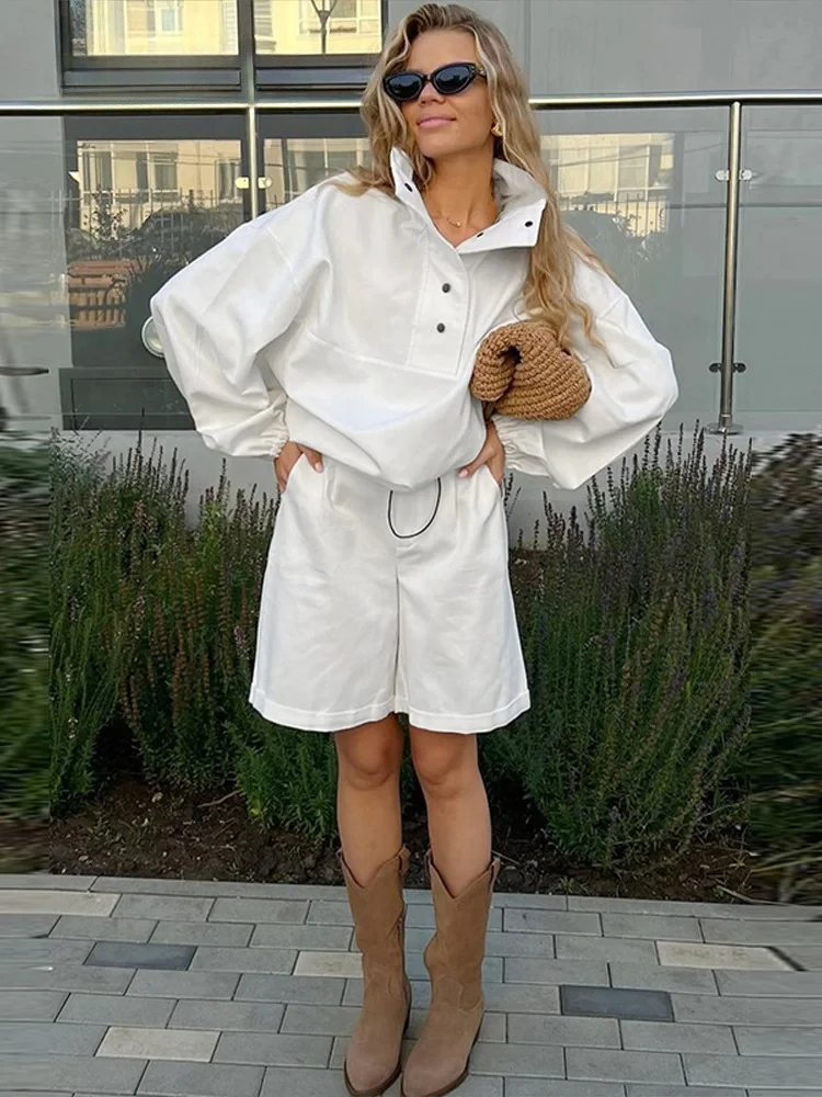 

Casual Solid Drawstring Women Shorts Suits Turn-down Collar Top High Waist Shorts Spring Summer New Fashion Female Sets