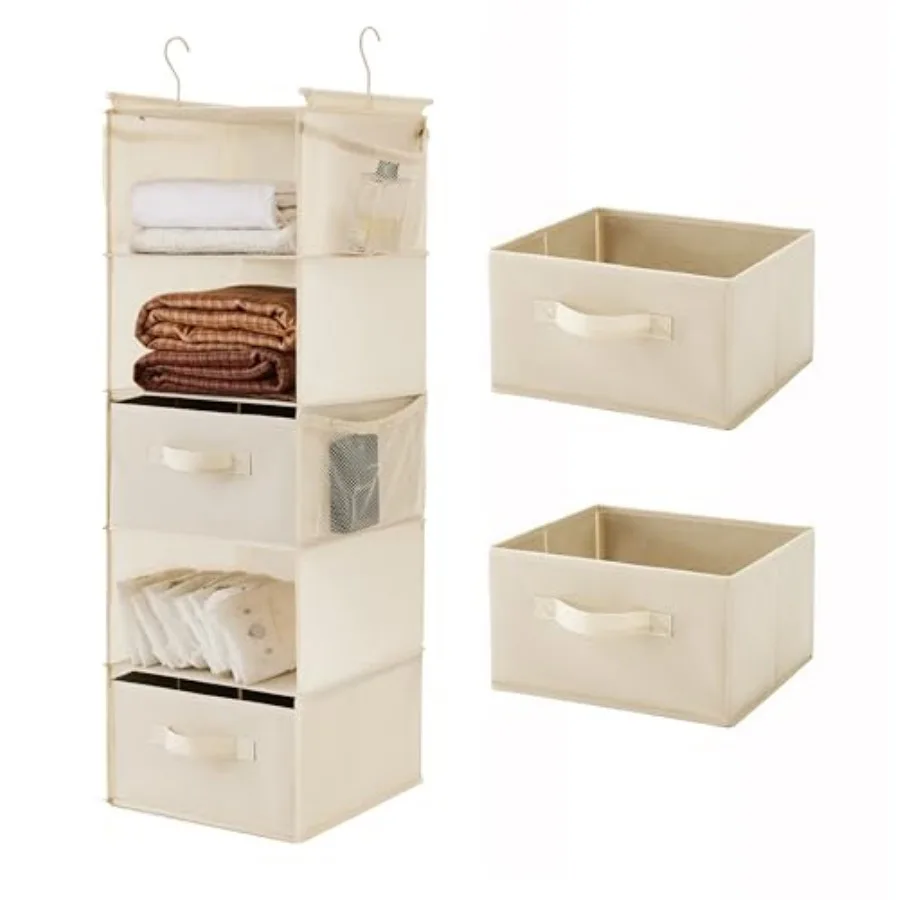 

5 Tier Shelf Hanging Closet Organizer, Cloth Hanging Shelf with 2 Sturdy Hooks for Storage, Foldable Beige-D2