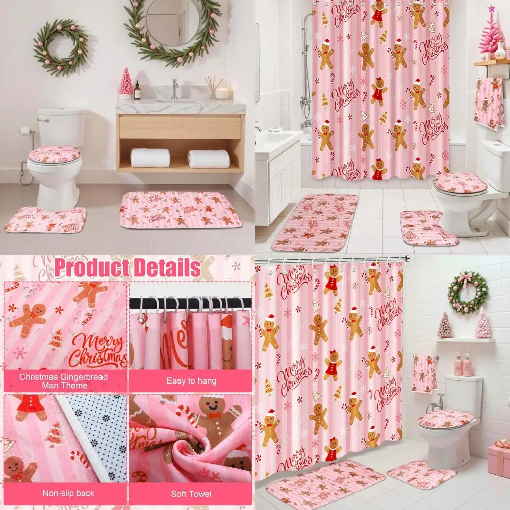

Christmas Gingerbread Shower Curtain Set - Waterproof 72 x 72, Toilet Lid Cover, Towel, U-Shape Rugs, Non-Slip Mat & Hooks for B