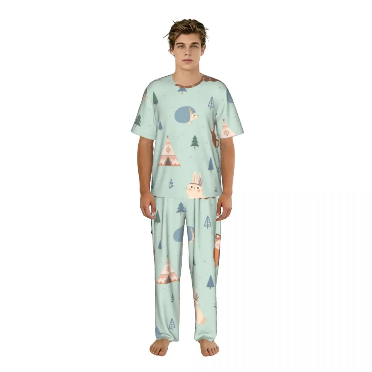 

Men Pajamas Suit Short Sleeved Long Pants Cute Woodland Tribal Animals Fox Bear Rabbit Sleepwear Summer Home Clothing Set