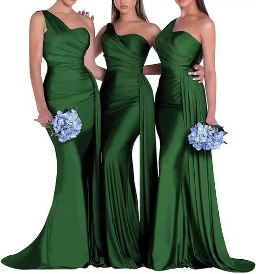 

Elegant One Shoulder Evening Gowns Elastic Satin Bridesmaid Dresses Long Ruched Formal Party Prom Gowns