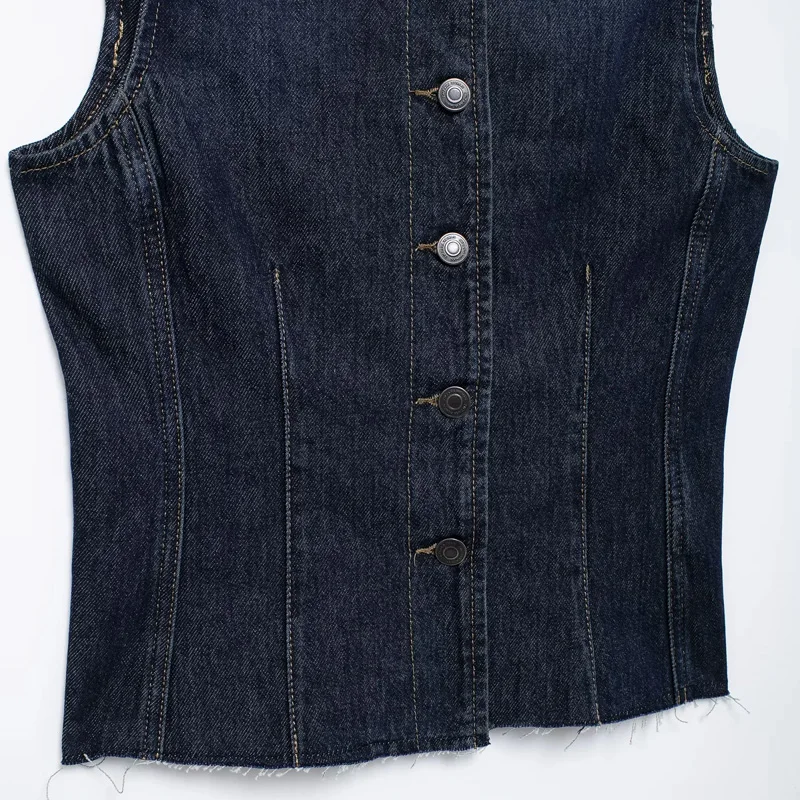 TRAF Waistcoat Women Sleeveless Denim Vest Woman Outerwears Summer Slim Navy Blue Vest Casual Button Cropped Vests For Women