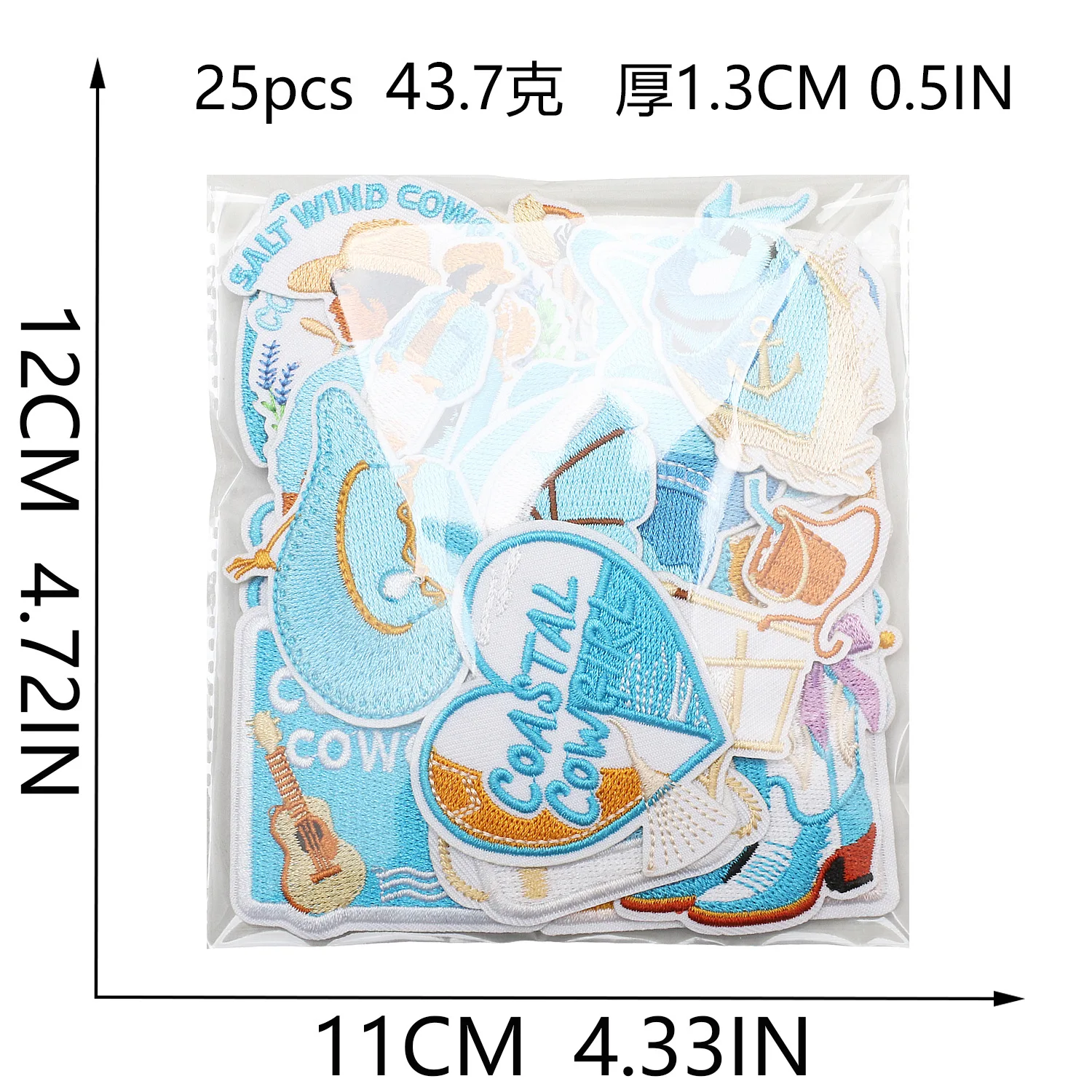 Cool Coastal Cowgirl Light Blue Embroidery Iron on Patches Tide Ride Badge Conch Shell Hat Boots Anchor Rudder Decorative Emblem