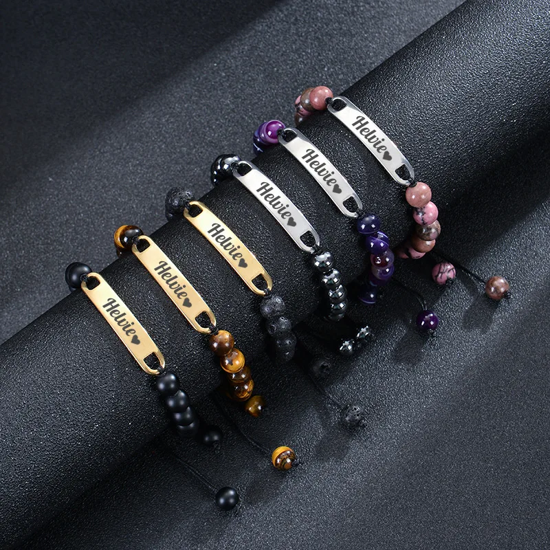 

Stainless Steel Curved Brand Lettering Bracelet Powder Zebra Stone Beaded Custom Name Bracelet for Women DIY Couple Jewelry