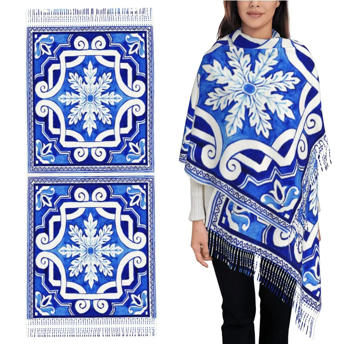 

Azulejo португальская плитка акварельный шарф с кисточками шарфы женские мягкие теплые шали и накидки длинная осенне-зимняя шаль накидка