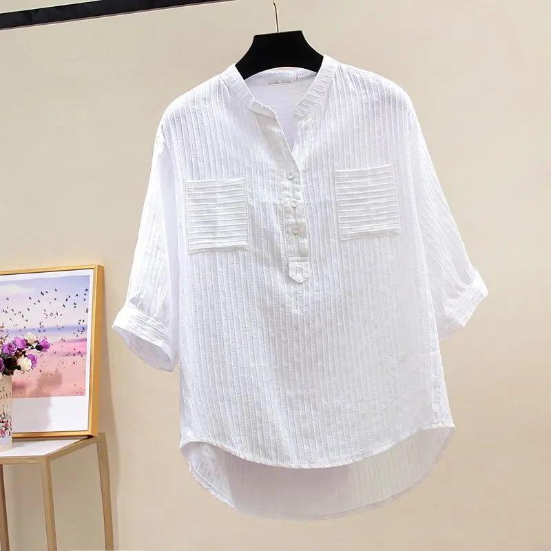 High End Cotton White Pit Stripe V-neck Shirt for Women\'s Spring Summer New Loose Slimming Casual Commuting Versatile Trendy Top