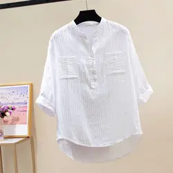 High End Cotton White Pit Stripe V-neck Shirt for Women's Spring Summer New Loose Slimming Casual Commuting Versatile Trendy Top