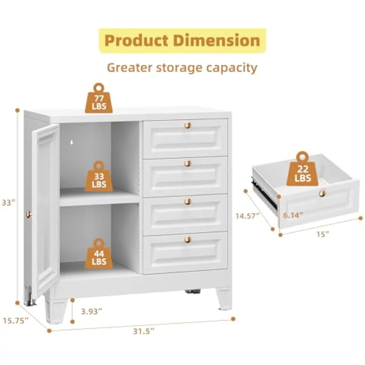 White Powder-Coated Steel Bathroom Cabinet Featuring Four Independent Drawers and One Door Compartment with Adjustable Shelf for