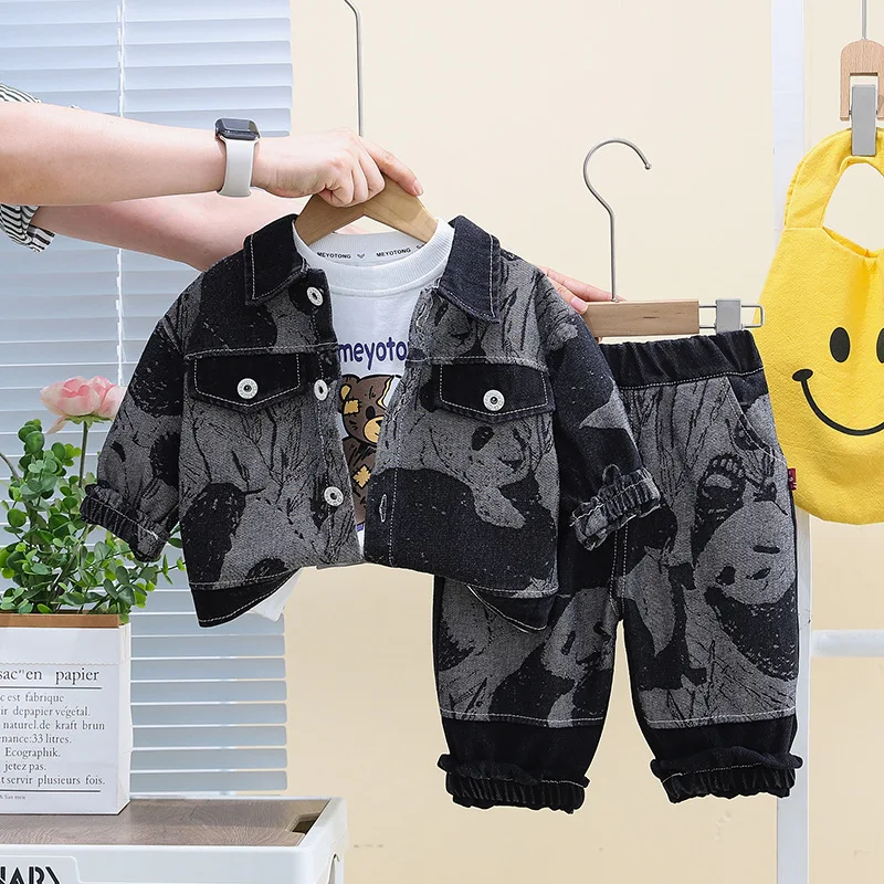 2024 Autumn Toddler Boys 3PCS Clothes Set Cartoon Tops Denim Long Sleeve Coat Loose Jeans Suit Kids Baby Boys Outfits